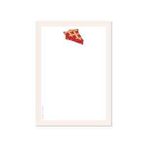 May include: A rectangular notepad with a light pink border and a slice of pie illustration in the upper right corner. The pie has a red filling and a golden crust. The text "Ainsley & Elaine" is printed in the lower left corner.