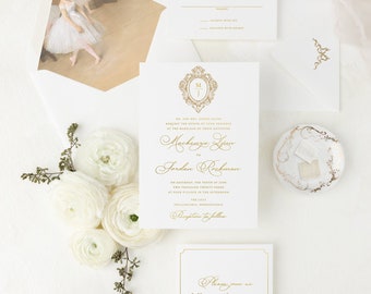 Gold Wedding Invitations, Traditional Black Tie Wedding Invitation Suite, Elegant Gold Foil Invitations