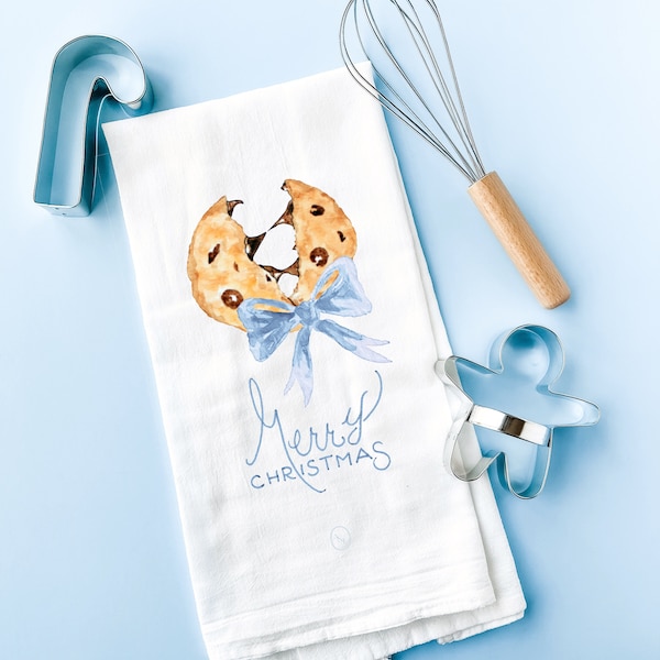 Merry Christmas Cookie Tea Towel, Blue Bow Kitchen Towel, Holiday Dish Towel, Merry Christmas Kitchen Gift, Holiday Hostess Present, for Her