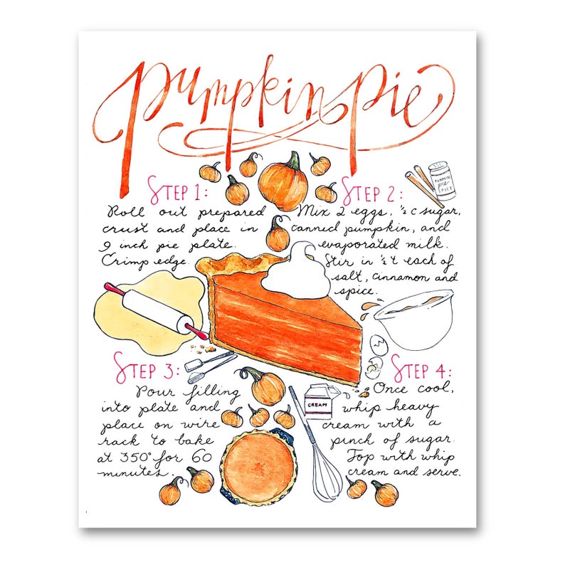 Pumpkin Pie Recipe Print Thanksgiving Decoration Pumpkin Etsy