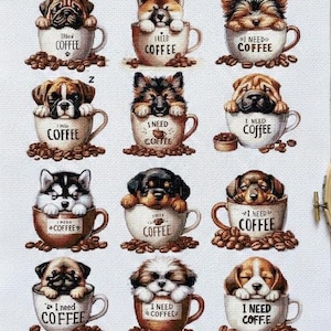 Puede incluir: Un panel de tela con una cuadrícula de ilustraciones de cachorros en tazas de café. Cada taza tiene la frase "I NEED COFFEE" impresa. Los granos de café rodean cada taza, y los cachorros son de varias razas.