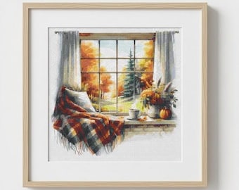 Cozy Autumn Window Seat Fall Decor Counted Cross Stitch Pattern PDF Pattern Instant Delivery