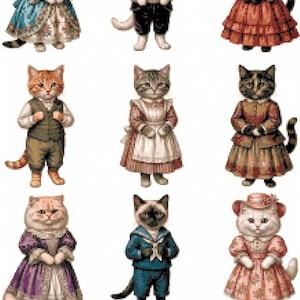 May include: A collection of nine Victorian-era dressed cats in various outfits. The cats are depicted in detailed cross-stitch style, wearing dresses, suits, and sailor outfits. The image includes the text "Victorian Dressed Cats" and "Digital Download 6" x 4" approx per".