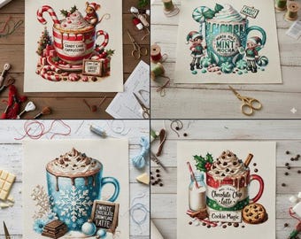 May include: Four cross-stitch designs featuring holiday-themed coffee drinks. The designs include a Candy Cane Cappuccino, North Pole Mint Mocha, White Chocolate Snowflake Latte, and Chocolate Chip Latte. Each design has text.