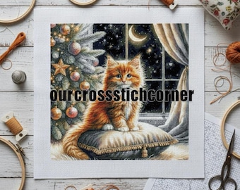 Patrón de punto de cruz de gatito navideño: escena festiva de vacaciones (PDF)