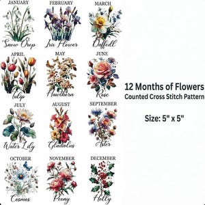 Title: 12 Months of Flowers Counted Cross Stitch Pattern - Birth Month Floral Sampler PDF