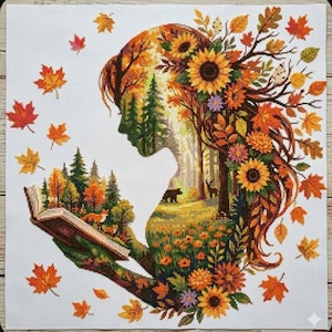Könnte beinhalten: Ein Kreuzstich-Design mit der Silhouette einer Frau, gefüllt mit einer Herbstwaldszene. Das Haar der Frau ist mit Sonnenblumen und Herbstblättern geschmückt. Das offene Buch in ihren Händen zeigt einen Wald mit einem Fuchs und Bäumen.