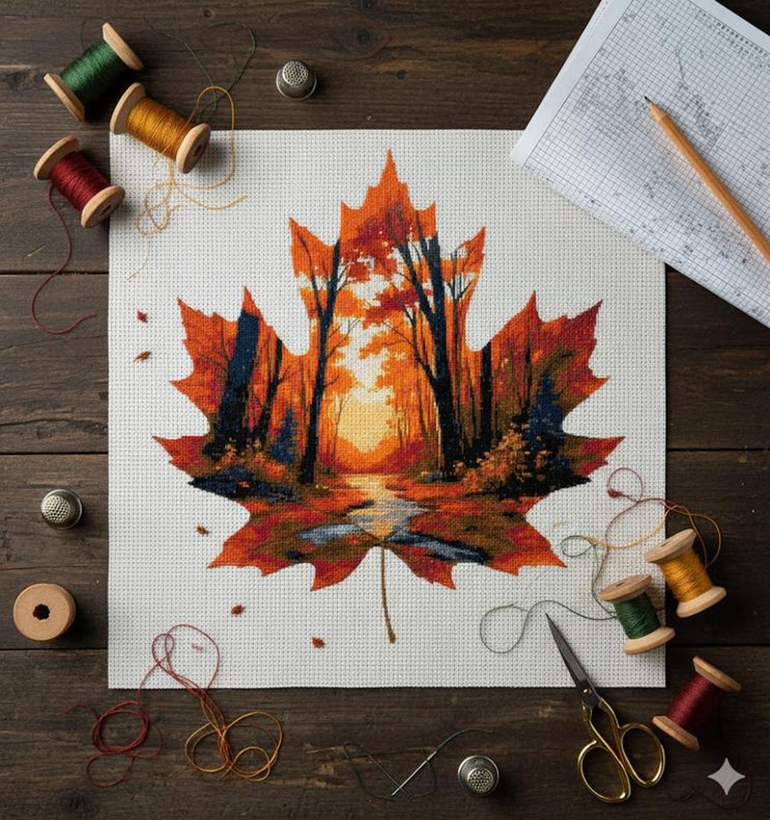 Autumn Maple Leaf Forest Cross Stitch Pattern: Sunset Trees (PDF ...