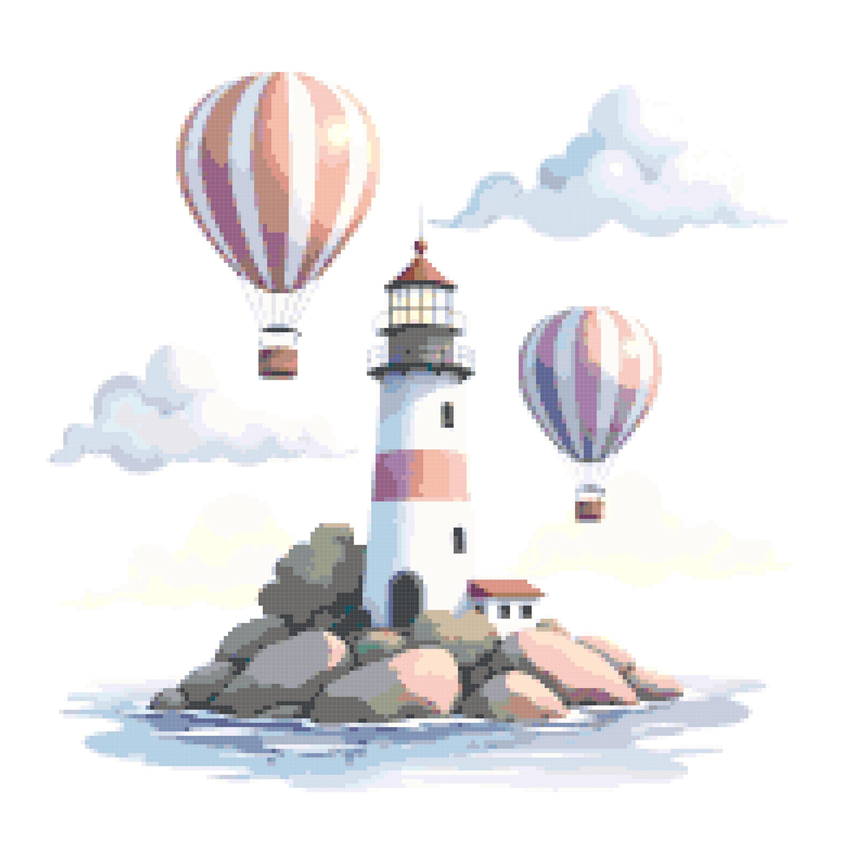 Lighthouse Hot Air Balloons Cross Stitch Pattern, Coastal Whimsy