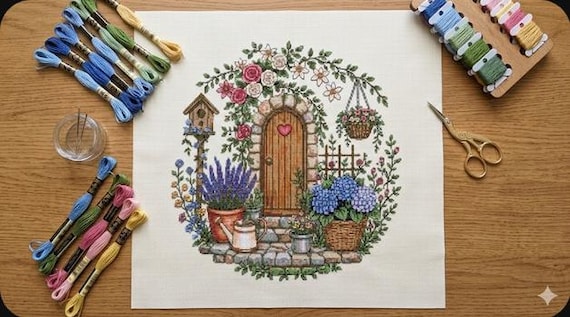 Potted Garden Gate Counted Cross Stitch Pattern, Floral Secret Garden Chart, Flowers and Birdhouse Embroidery, PDF Digital Download