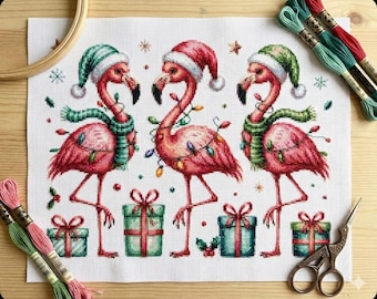 Patrón de punto de cruz "Trío de flamencos navideños", bordado navideño (PDF)