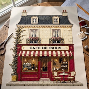 Puede incluir: Un proyecto de punto de cruz sobre tela que representa un edificio de dos plantas con un escaparate con la inscripción CAFE DE PARIS. El diseño presenta una fachada roja, un toldo a rayas, una enredadera y dos pequeñas mesas con sillas.