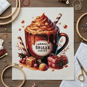 Puede incluir: Punto de cruz de un café crema brulee con caramelo en una taza marrón con crema batida, salsa de caramelo y una pajita a rayas. El texto "CARAMEL BRULEE COFFEE" está en la taza. La imagen incluye caramelos, bayas y suministros de punto de cruz.