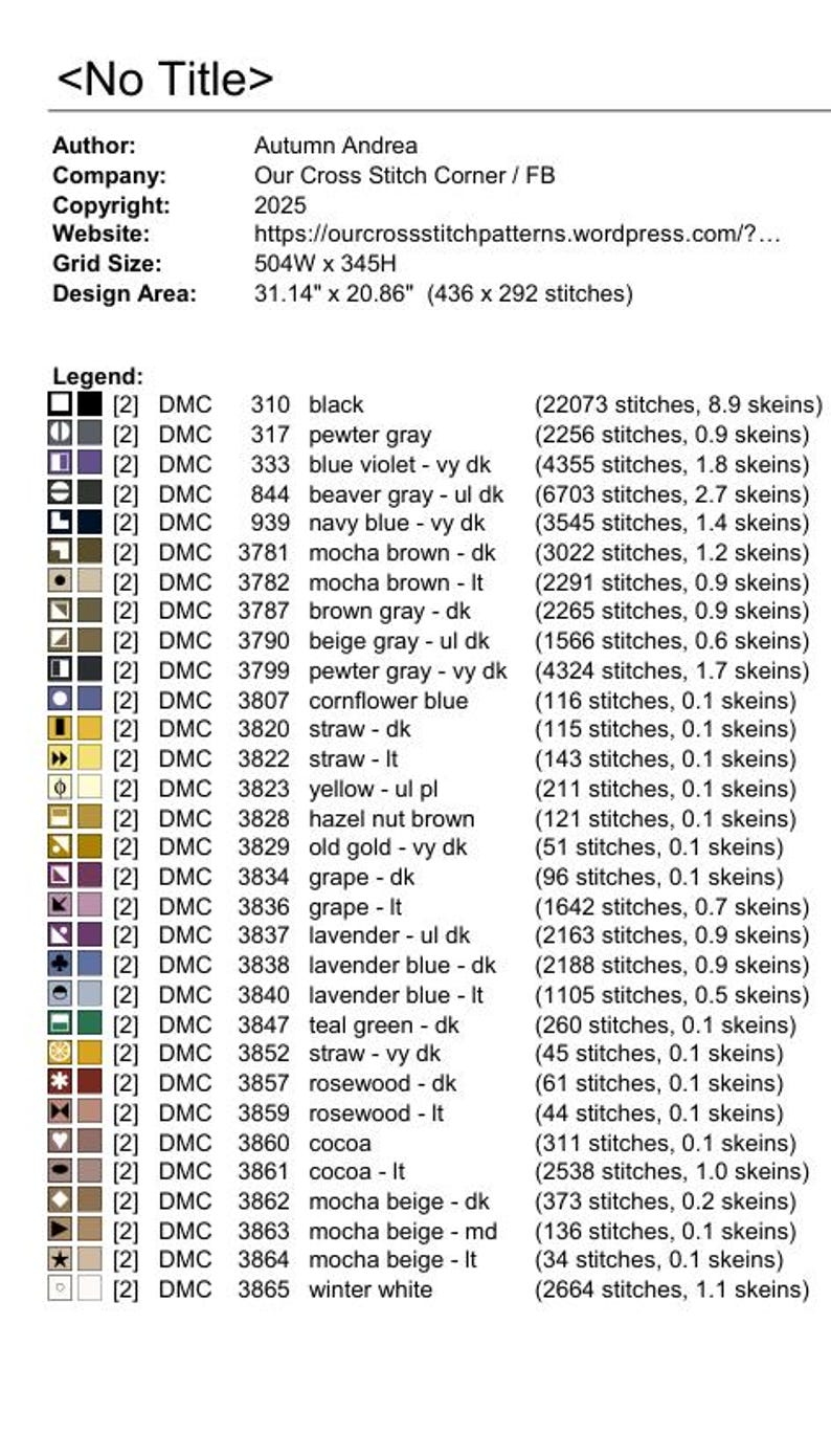 May include: A cross-stitch pattern chart with a legend of DMC thread colors and codes. The design area is 31.14" x 20.86" (436 x 292 stitches). The chart includes the author's name, company, copyright, and website.