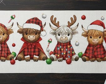 Patrón de punto de cruz navideño de vaca de las Tierras Altas: renos a cuadros, gorros de Papá Noel (descarga digital en PDF)