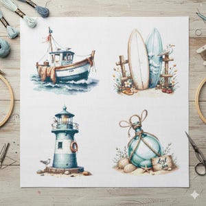 Könnte beinhalten: Aquarell-Kreuzstichmuster mit nautischem Thema, das ein Boot, Surfbretter, einen Leuchtturm und eine Glasboje zeigt. Die Designs sind in Blau-, Beige- und Brauntönen gehalten, mit einer Möwe und dem Text "Lost Sea".
