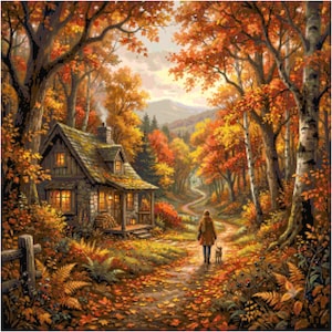 May include: A cross stitch pattern depicting a rustic stone cottage nestled in an autumn forest with vibrant orange and yellow foliage. A figure walks along a dirt path with a small dog, while smoke rises from the chimney toward distant mountains.