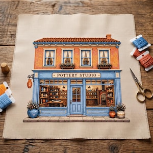 May include: A cross-stitch embroidery on beige fabric depicting a two-story pottery studio with an orange brick facade, blue trim, and a sign reading POTTERY STUDIO. The scene includes shelves of ceramics, a central door, and potted plants.