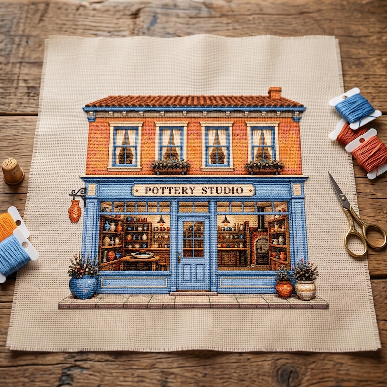 May include: A cross-stitch embroidery on beige fabric depicting a two-story pottery studio with an orange brick facade, blue trim, and a sign reading POTTERY STUDIO. The scene includes shelves of ceramics, a central door, and potted plants.