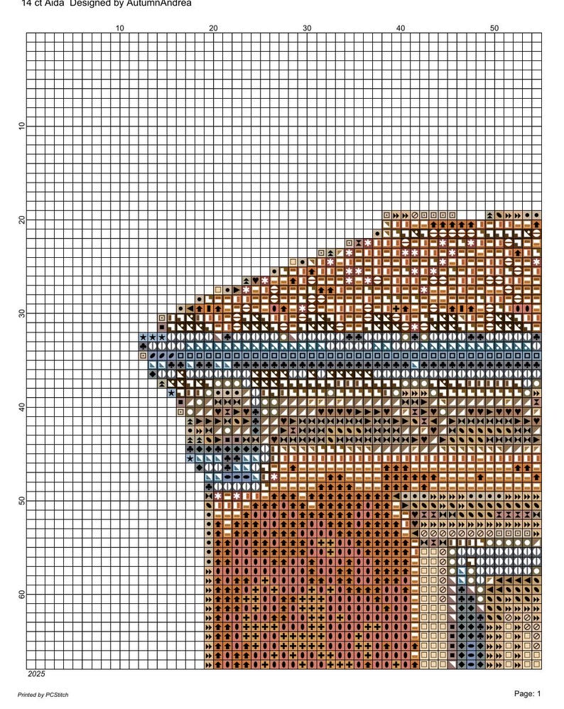 May include: A cross-stitch pattern chart on a white grid background, featuring a partial design with various symbols in shades of brown, tan, and blue. The text 14 ct Aida, Designed by AutumnAndrea, 2025, and Page: 1 are printed on the document.