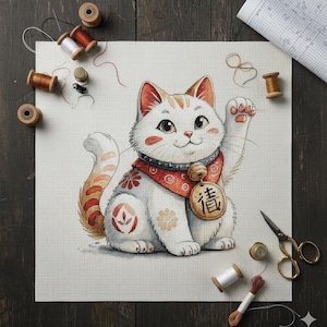 May include: Cross-stitch of a Maneki-neko cat with a red scarf and a gold bell. The cat is white with orange markings and a raised paw. The image is surrounded by sewing supplies, including spools of thread, scissors, and a thimble.
