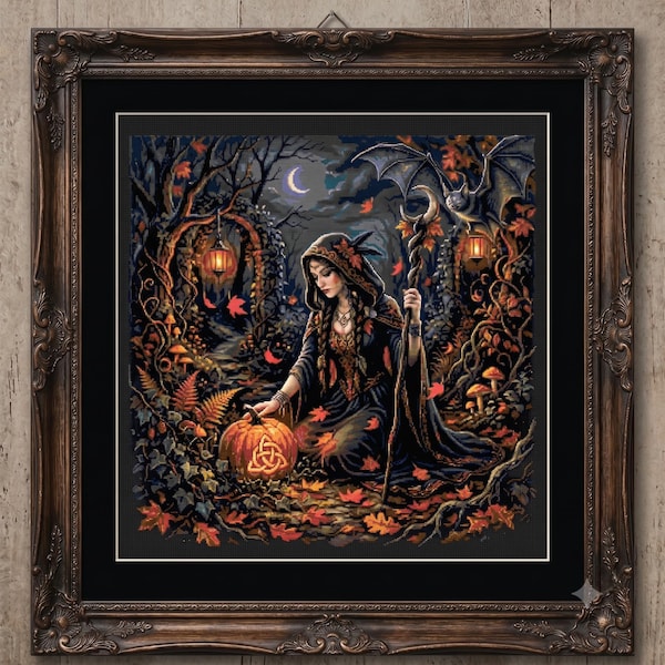 Gothic Fall Garden counted cross stitch | PDF digital download | forest witch autumn magic, Celtic knot pumpkin, full moon, and bat pattern