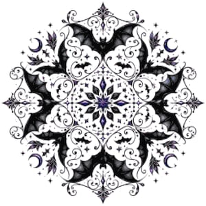 May include: A circular mandala design featuring black bats, crescent moons, and star motifs. The intricate pattern includes symmetrical scrollwork and filigree elements in black, white, and deep purple accents, arranged in a radial, star-like composition.