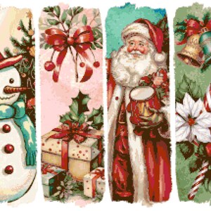 Puede incluir: Un collage de cuatro ilustraciones verticales con tem&aacute;tica navide&ntilde;a. Las im&aacute;genes presentan un mu&ntilde;eco de nieve, un regalo con un lazo rojo, Pap&aacute; Noel con un tambor y campanas de Navidad, bastones de caramelo y flores de pascua. La paleta de colores incluye rojo, verde, blanco y dorado.