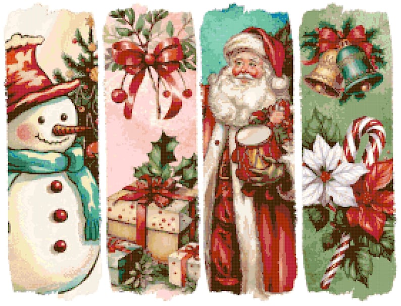 Puede incluir: Un collage de cuatro ilustraciones verticales con tem&aacute;tica navide&ntilde;a. Las im&aacute;genes presentan un mu&ntilde;eco de nieve, un regalo con un lazo rojo, Pap&aacute; Noel con un tambor y campanas de Navidad, bastones de caramelo y flores de pascua. La paleta de colores incluye rojo, verde, blanco y dorado.