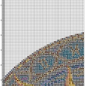 K&ouml;nnte beinhalten: Ein Kreuzstichmuster-Diagramm auf wei&szlig;em Rasterhintergrund mit einem teilweisen kreisf&ouml;rmigen Design aus Symbolen in Blau-, Braun- und Goldt&ouml;nen. Das Raster enth&auml;lt nummerierte Achsen von 60 bis 100 und 10 bis 60 sowie den Text Printed by PCStitch und Page: 2.