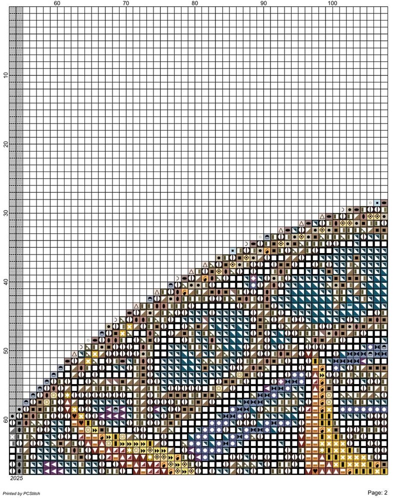 K&ouml;nnte beinhalten: Ein Kreuzstichmuster-Diagramm auf wei&szlig;em Rasterhintergrund mit einem teilweisen kreisf&ouml;rmigen Design aus Symbolen in Blau-, Braun- und Goldt&ouml;nen. Das Raster enth&auml;lt nummerierte Achsen von 60 bis 100 und 10 bis 60 sowie den Text Printed by PCStitch und Page: 2.