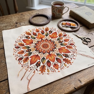 Puede incluir: Un trozo cuadrado de tela Aida color blanco roto con un patrón circular de punto de cruz de hojas de otoño, bellotas y bayas en tonos naranja, rojo, amarillo y verde. La tela incluye el texto impreso 277 x 278 en la esquina.