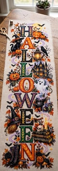 Banner Halloween Banner Cross Stitch Pattern, Spooky Sampler Haunted House, Witch Cat Decor, Counted Cross Stitch, PDF Digital Download