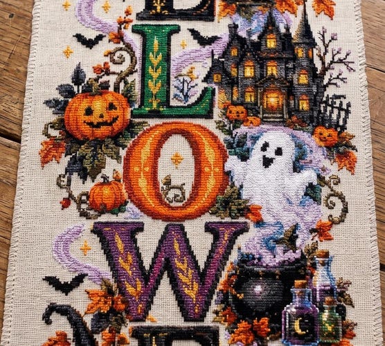 Banner Halloween Banner Cross Stitch Pattern — Spooky Sampler Haunted House & Witch Cat