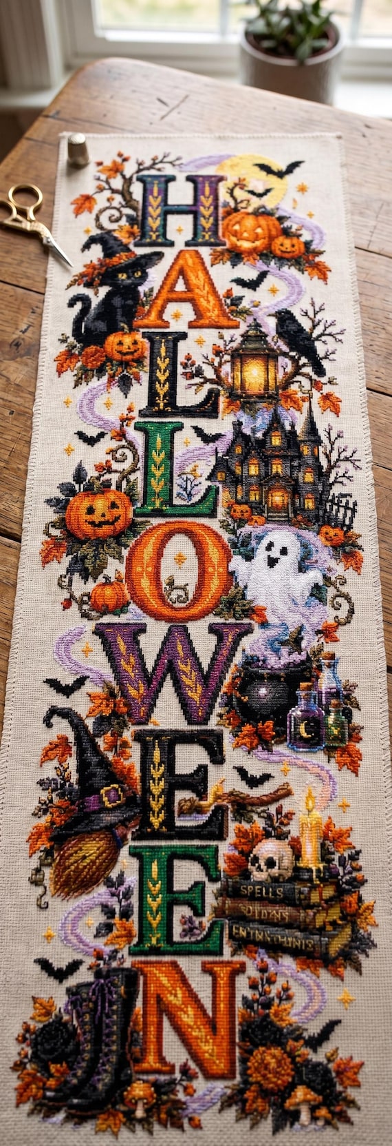 Banner Halloween Banner Cross Stitch Pattern, Spooky Sampler Haunted House, Witch Cat Decor, Counted Cross Stitch, PDF Digital Download