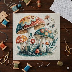 マッシュルームガーデンのクロスステッチパターン：気まぐれなコテージコア刺繍（PDF + PNGファイル）