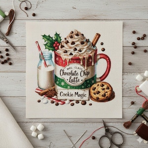 May include: A cross-stitch design featuring a festive holiday theme. The image showcases a large mug of chocolate chip latte with whipped cream and chocolate chips, a bottle of milk, and a chocolate chip cookie. Text on the mug reads "Mrs. Claus Chocolate Chip Latte".