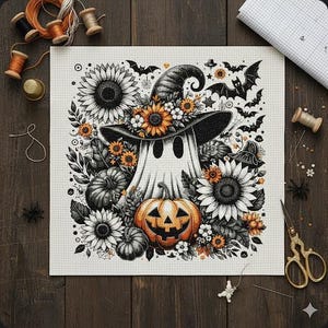 May include: A cross-stitch design featuring a Halloween ghost wearing a witch hat adorned with sunflowers. The design includes pumpkins, bats, and floral elements in black, white, orange, and yellow. The artwork is on a white fabric, surrounded by sewing supplies.
