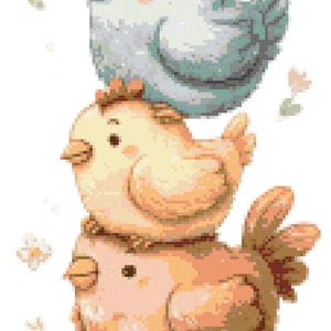 May include: A whimsical illustration of four stacked birds. The top bird is white, followed by a light blue, a yellow-orange, and a dark gray bird at the bottom. Each bird has a unique expression and is decorated with small details.