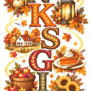 May include: A vertical cross-stitch pattern spelling THANKSGIVING, featuring autumn motifs like a cornucopia, turkey, pumpkin, lantern, farmhouse, pumpkin pie, apple basket, sunflowers, wheat, and boots, all surrounded by swirling golden leaves.