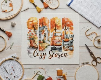 Cozy Autumn Cross Stitch Pattern: Cabin, Truck, Pumpkins (PDF Pattern & PNG File for Cricut)