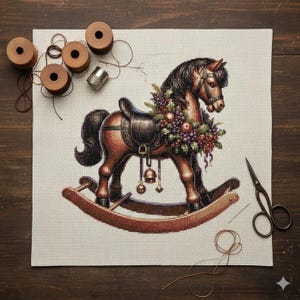 Puede incluir: Un diseño de punto de cruz de un caballo balancín marrón adornado con una silla de montar, campanas y una guirnalda floral de uvas y manzanas. La imagen incluye carretes de hilo, un dedal y tijeras, lo que sugiere un proyecto de manualidades.