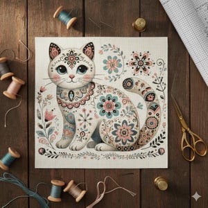 Könnte beinhalten: Ein Kreuzstichmuster einer weißen Katze mit floralen Mustern in Rosa, Türkis und Braun. Die Katze ist von floralen Elementen auf cremefarbenem Stoff umgeben. Nähzubehör, einschließlich Garnrollen und Scheren, ist um das Design angeordnet.