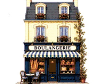 May include: A pixel art illustration of a three-story building with a dark blue storefront labeled BOULANGERIE. The shop features a striped awning, large display windows filled with baked goods, and two chairs with a small table on the sidewalk.