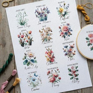 Peut inclure: Une broderie au point de croix avec des fleurs représentant les douze mois de l'année. Chaque mois est illustré par une fleur différente, comme le perce-neige, l'iris, la jonquille, la tulipe, la rose, le nénuphar, etc. Fils à broder et ciseaux sont visibles.