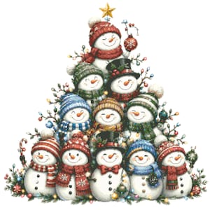 May include: A festive illustration of ten snowmen stacked in a pyramid shape to resemble a Christmas tree. Each snowman wears a colorful knit hat and scarf, with orange carrot noses and coal buttons. A gold star sits at the very top peak.