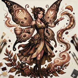 May include: A cross-stitch design of a coffee fairy with brown and gold wings, holding a steaming cup of coffee. The fairy is surrounded by coffee beans, a coffee grinder, and a croissant. The design includes embroidery floss and tools.