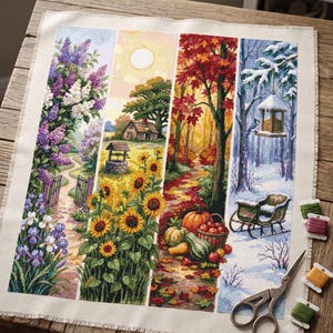 May include: A cross-stitch embroidery project on fabric featuring four vertical panels representing the seasons: spring with purple lilacs, summer with sunflowers and a well, autumn with pumpkins and foliage, and winter with a sleigh and bird feeder.
