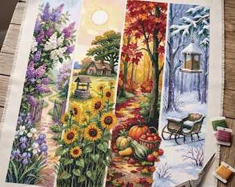 Four Seasons Cross Stitch Pattern, Four Panels Landscape, Spring Summer Autumn Winter, Counted Cross Stitch, PDF Digital Download