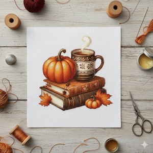 May include: Cross-stitch design showing a pumpkin, a coffee mug, and two books. The mug has a white and brown pattern. The pumpkin is orange, and the books are brown. Autumn-themed cross-stitch.